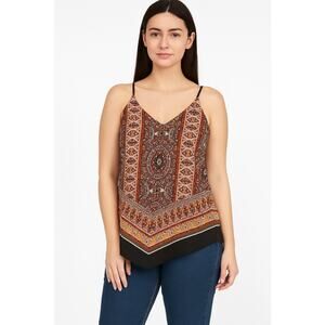 A. Byer Women's Sleeveless Boho Top Ethnic Print Brown Black Size M